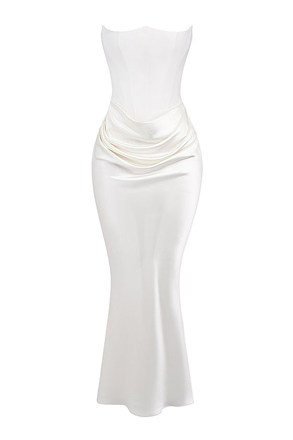 A&A Luxe Satin White Draped Maxi Dress