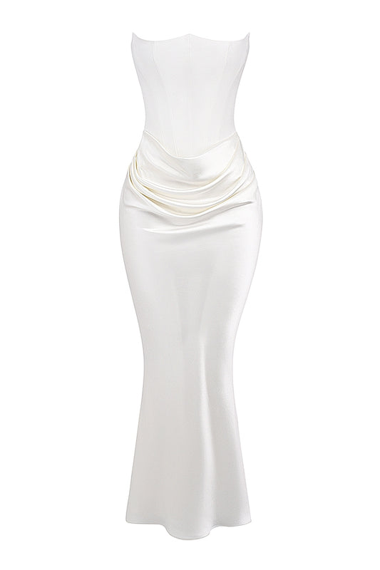 A&A Luxe Satin White Draped Maxi Dress
