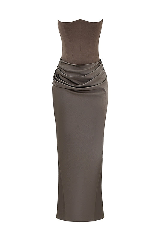 A&A Luxe Satin Gray Draped Maxi Dress