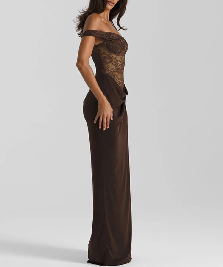 A&A One Shoulder Lace Sheer Panel Maxi Dress