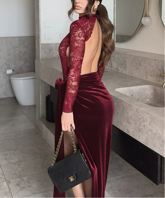 A&A Lace Velvet Wine Slit Maxi Dress