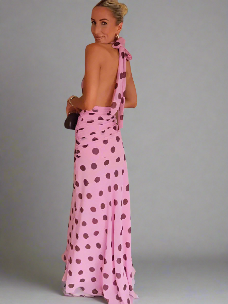 A&A Pink Polka Backless Maxi Dress – Bow Tie Open Back