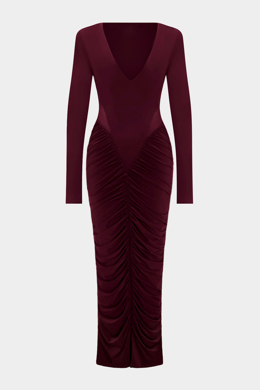 A&A Long Sleeved Ruched Slinky Bodycon Maxi Dress