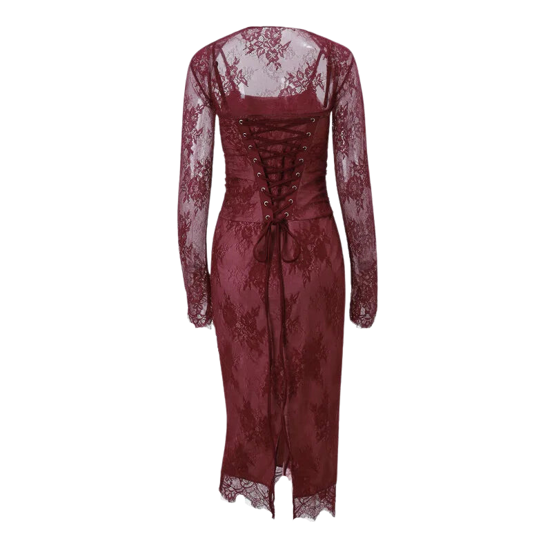 A&A Lace Print Bodycon Burgundy Midi Dress