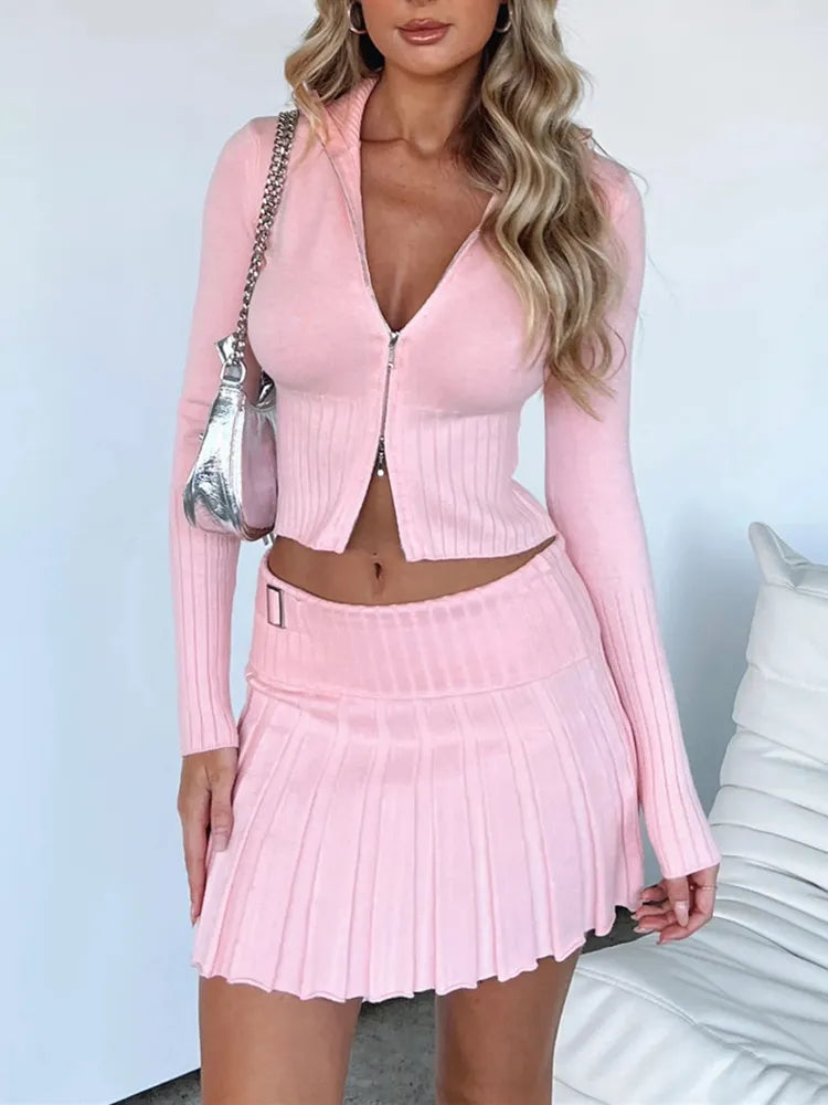 A&A Pleated Mini Skirt Knitted Two Piece Set