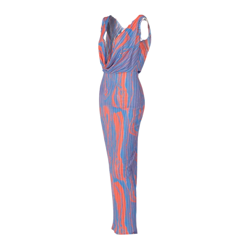 A&A Abstract Cowl Neck Plissé Sleeveless Maxi Dress
