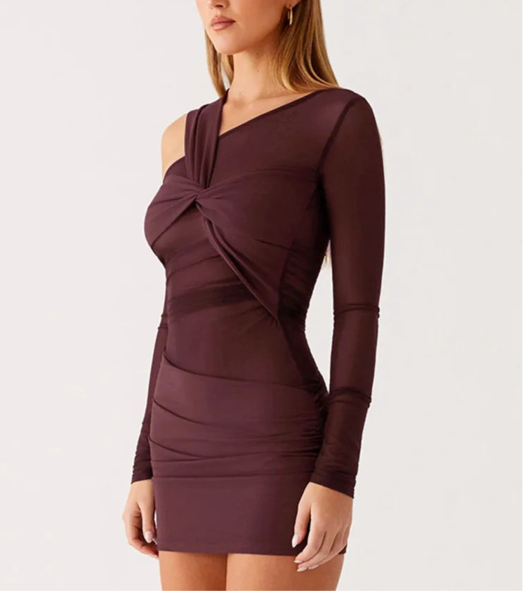A&A Burgundy Asymmetric Sheer Mesh Knot Mini Dress