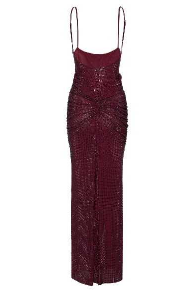 A&A Luxe Rhinestone Embellished Ruched Backless Maxi Dress