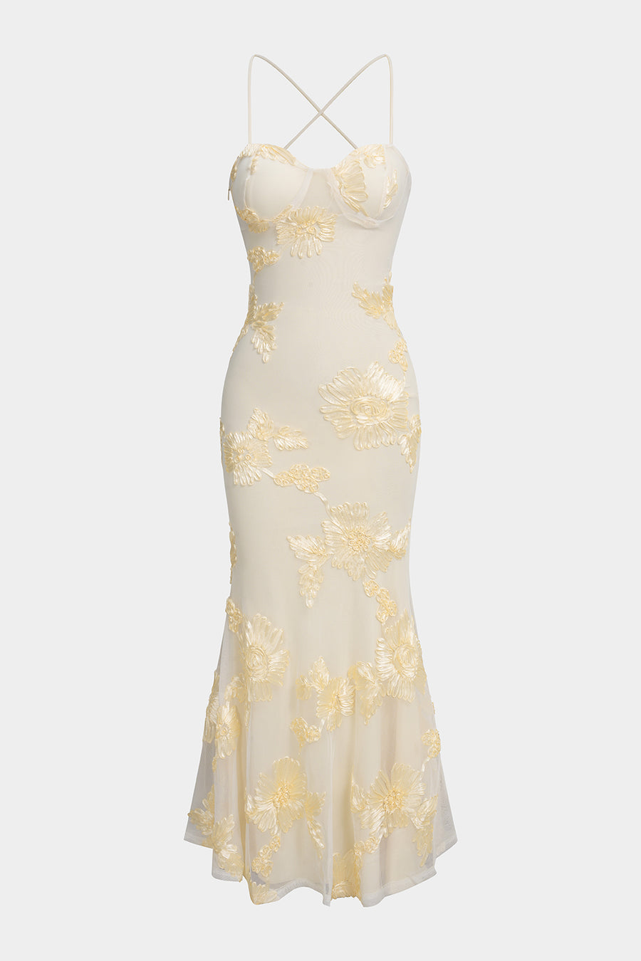 A&A Floral Embroidered Elegant Champagne Evening Maxi Dress