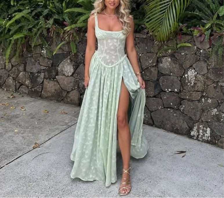 A&A Summer High Slit Mesh Embroidered Maxi Dress