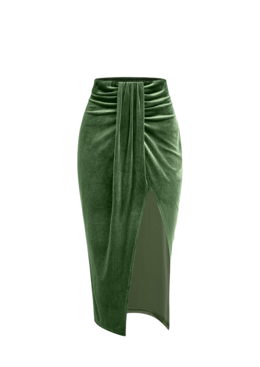 A&A Draped Velvet Thigh High Slit Midi Skirt