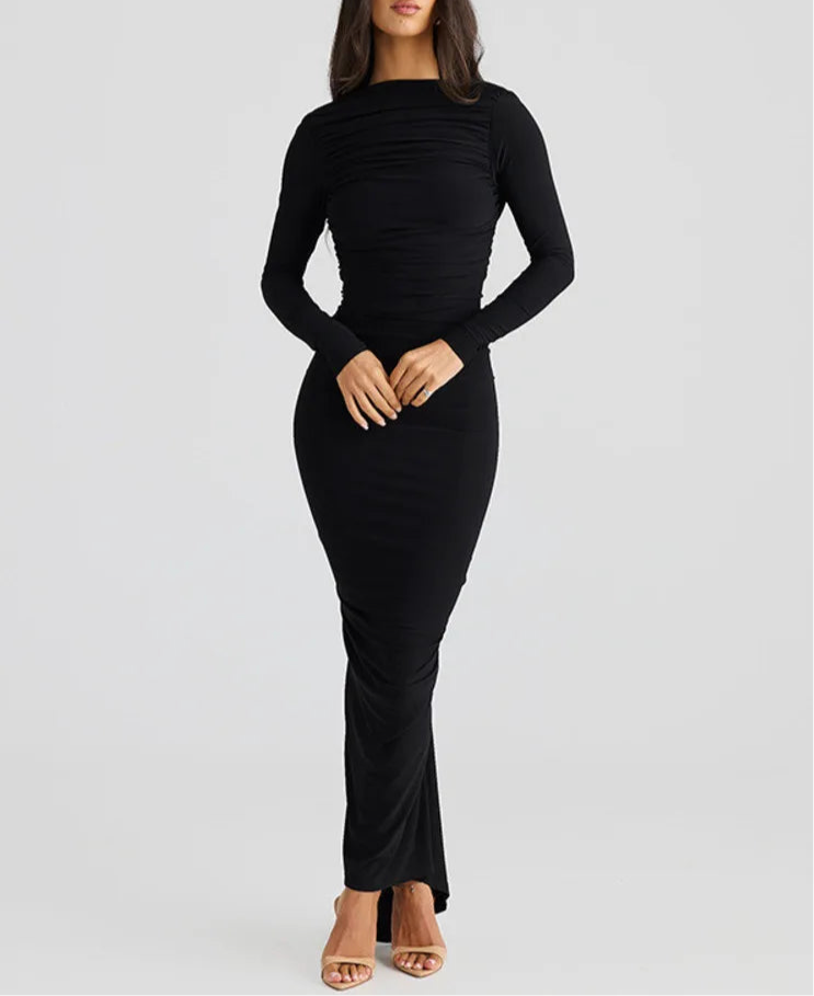 A&A V Backless Long Sleeve  Ruched Maxi Dress