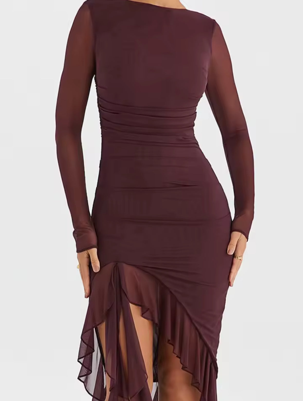 A&A Luxe Long Sleeve Ruffle Ruched Midi Dress