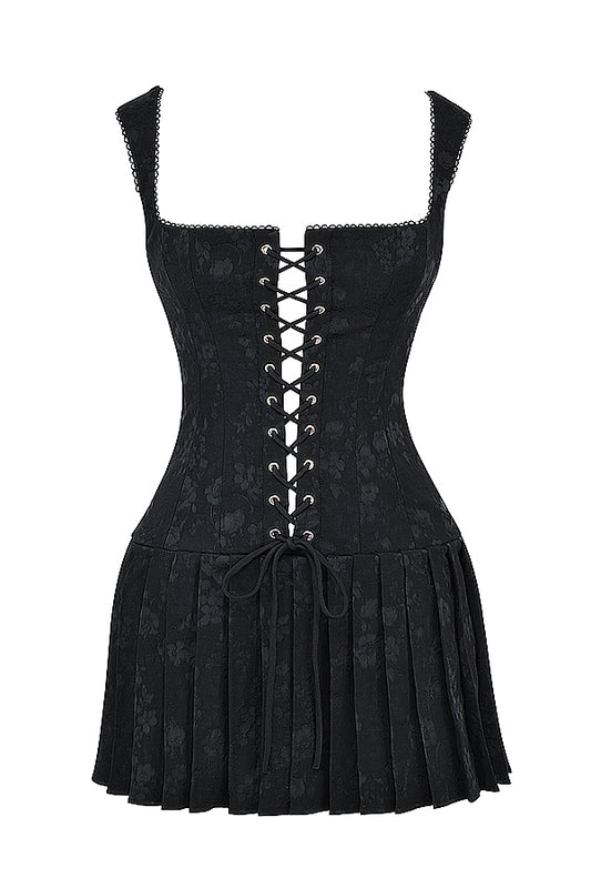 A&A Luxe Lace Up Vintage Embroidery A Line Pleated Mini Dress