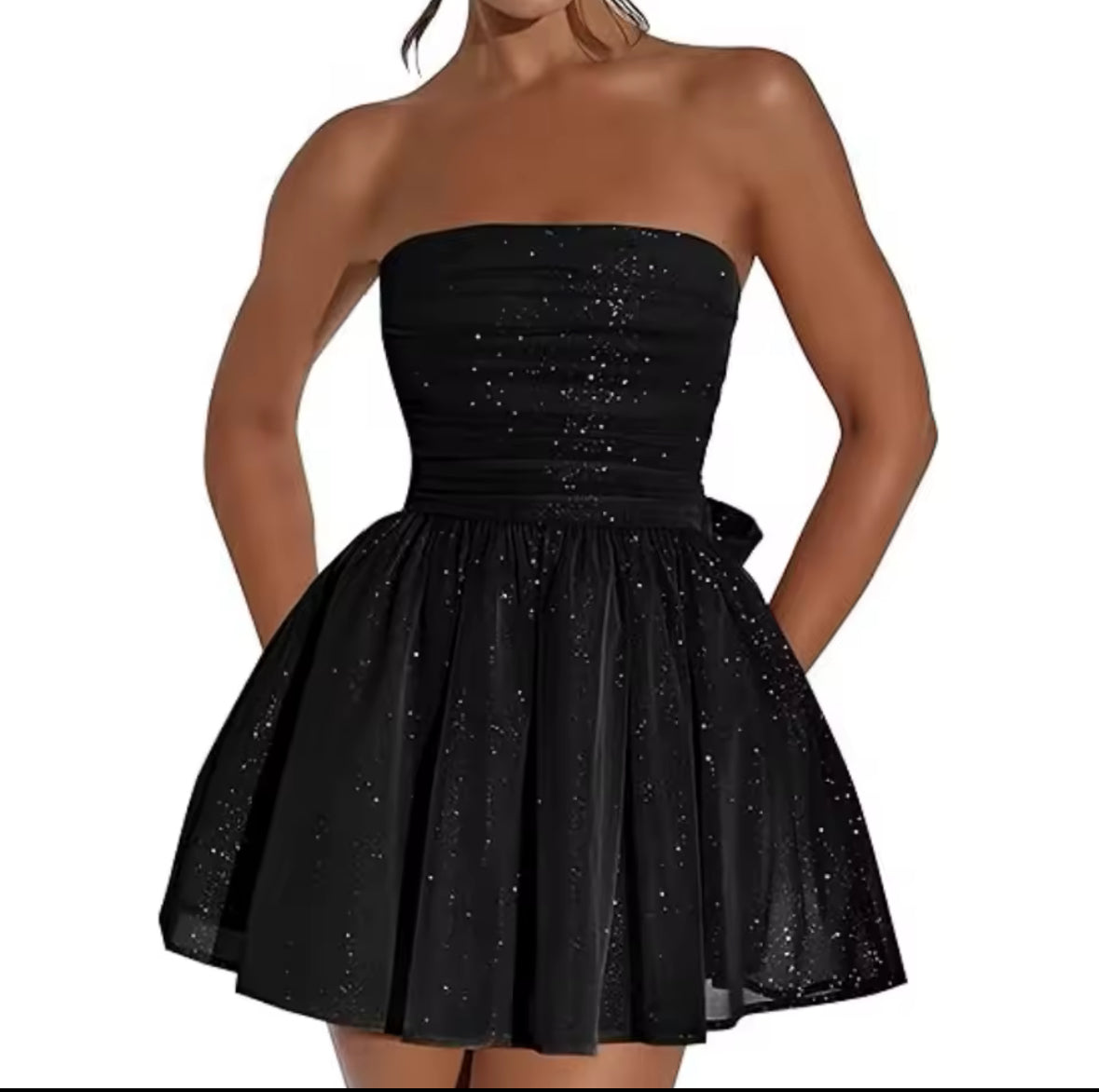 A&A Strapless Bow Tie Mini Pleated Sparkle Dress