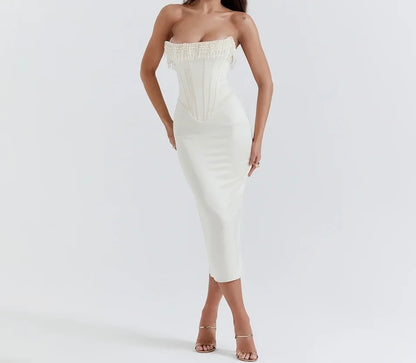 A&A Luxe White Beading Satin Bodycon Dress