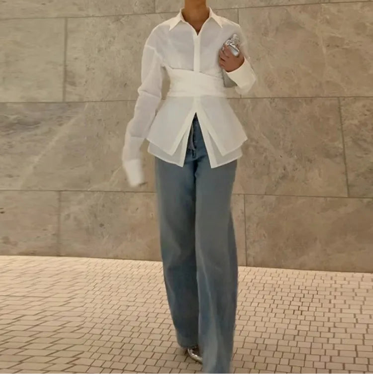 A&A White Wrap Detail Long Sleeve Collared Blouse