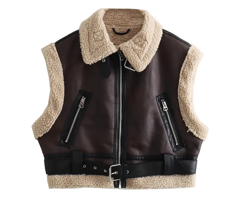 A&A Sleeveless Faux Leather Shearling Biker Vest