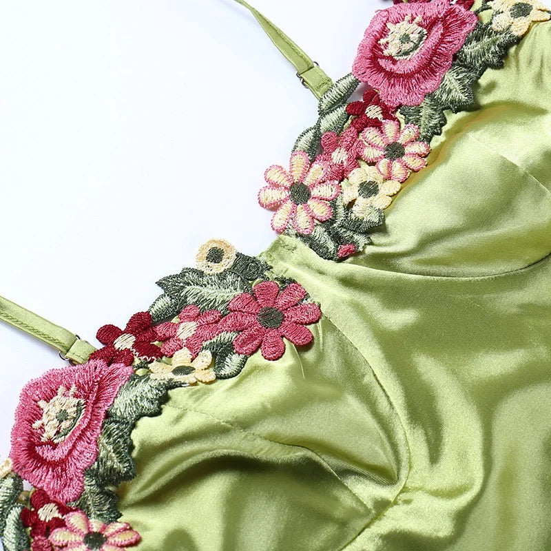 A&A Embroidery Floral Satin Spaghetti Strap Slip Mini Dress
