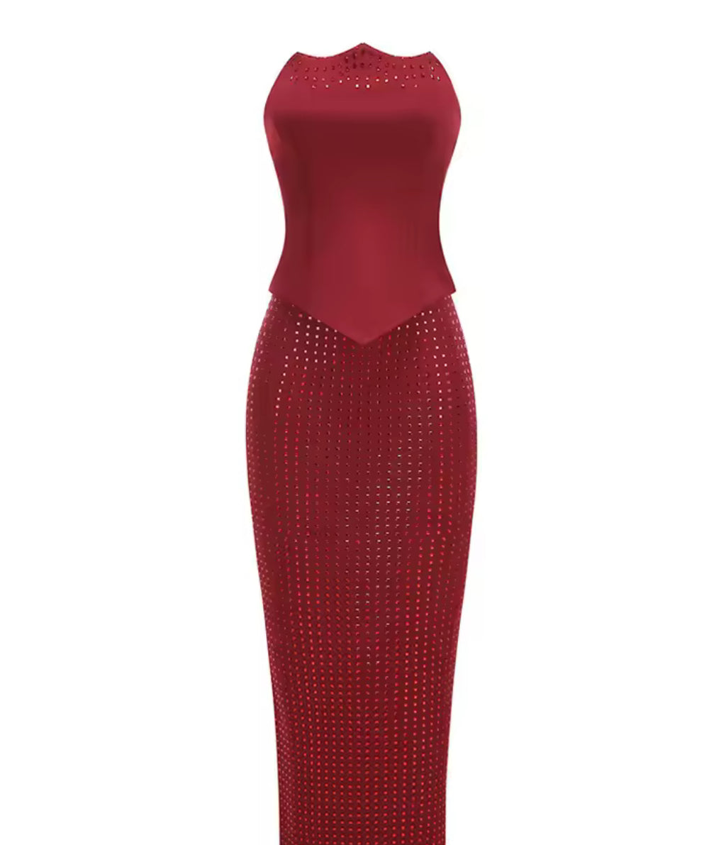 A&A Luxe Red Embellished Strapless Corset Sequin Maxi Skirt Set