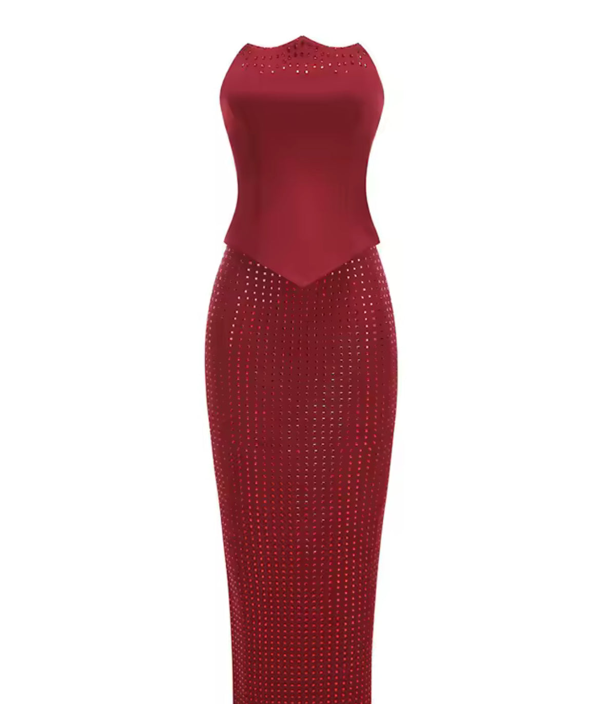 A&A Luxe Red Embellished Strapless Corset Sequin Maxi Skirt Set
