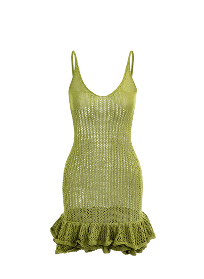 A&A Green Knit Ruffle Mini Dress