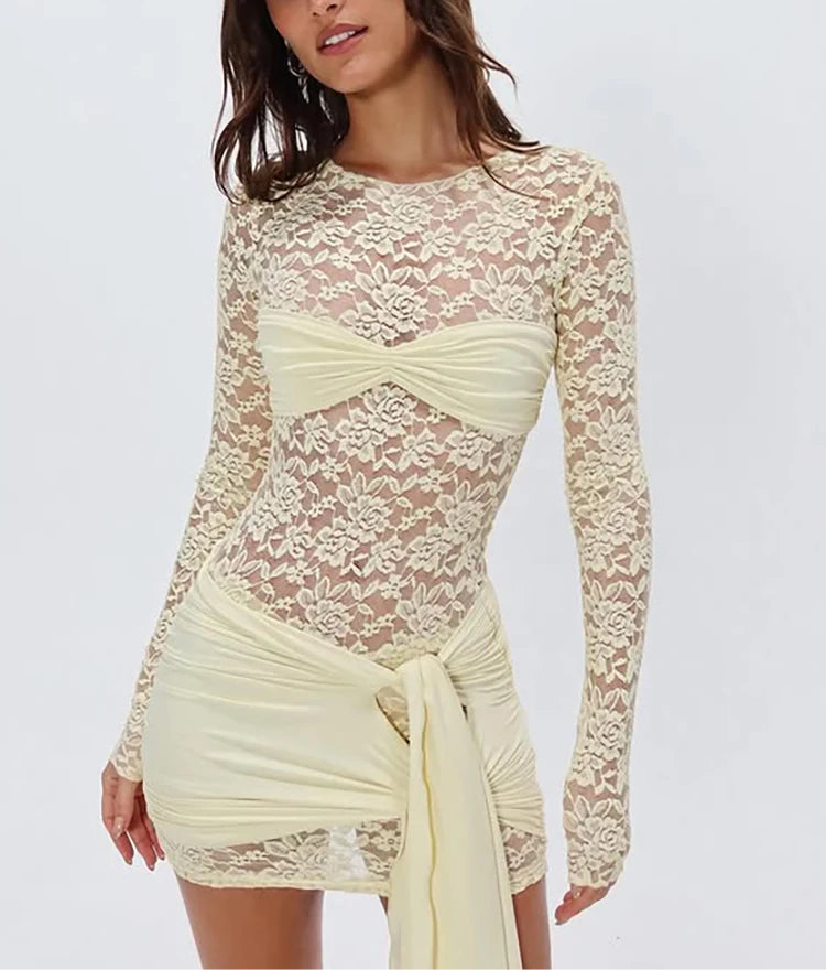 A&A Long Sleeve Sheer Lace Mini Bandage Dress