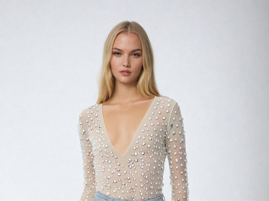 A&A Luxe V Plunge Neck Beading Mesh Bodysuit