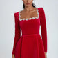 A&A Embellished Collar Long Sleeve Velvet A-line Dress