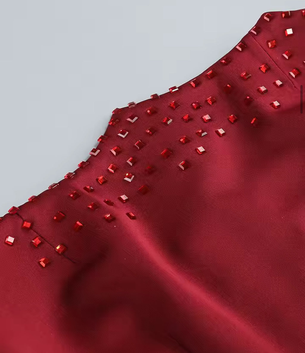 A&A Luxe Red Embellished Strapless Corset Sequin Maxi Skirt Set