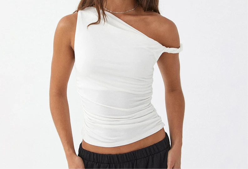 A&A Asymmetric Ruched Off Shoulder Crop Top