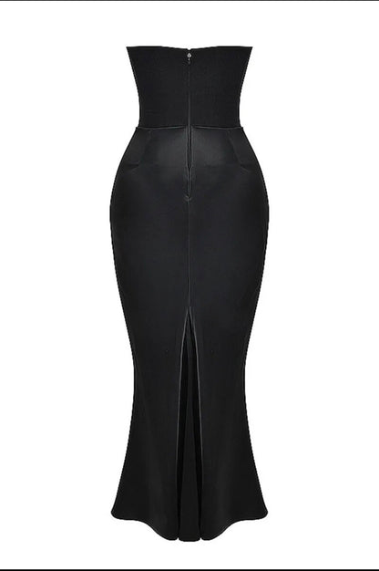 A&A Luxe Elegant Satin Strapless Draped Corset Maxi Dress