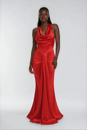 A&A Luxe Halter Pleat Backless Maxi Gown Dress