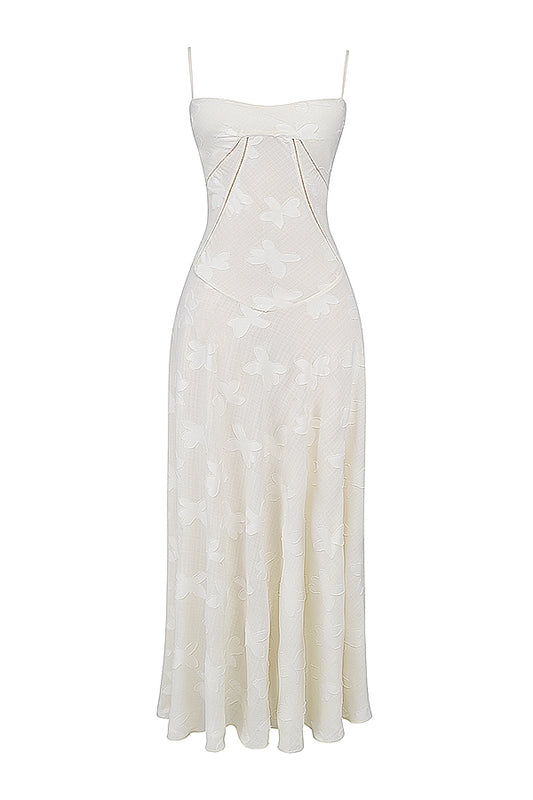 A&A Lace Floral Spaghetti Strap Sleeveless Sheer White Dress