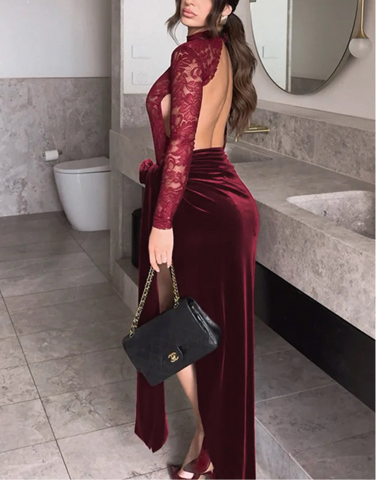 A&A Lace Velvet Wine Slit Maxi Dress