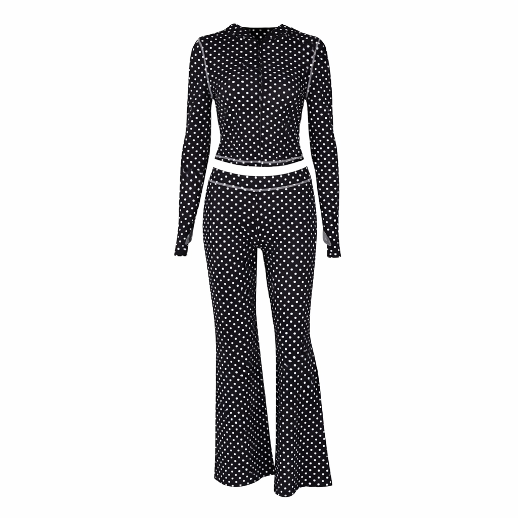A&A Liluca Polka Dot Hooded Zip Up Top & Flare Pants Set