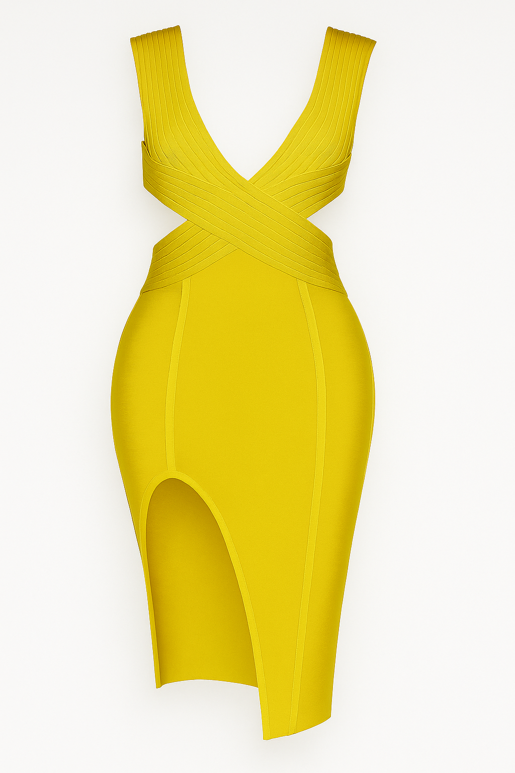 A&A Noemi Cut Out Bodycon Bandage Midi Slit Dress, Yellow / XS A&A Noemi Cut Out Bodycon Bandage Midi Slit Dress, Yellow / XS