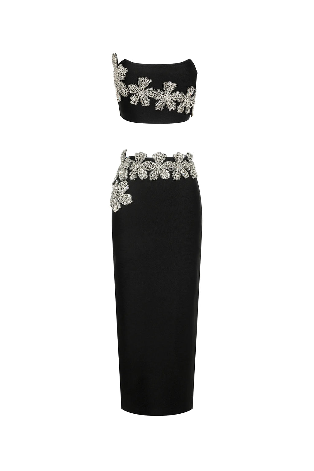 A&A Luxe Strapless Flower Crystal Black Maxi Bandage Skirt Set