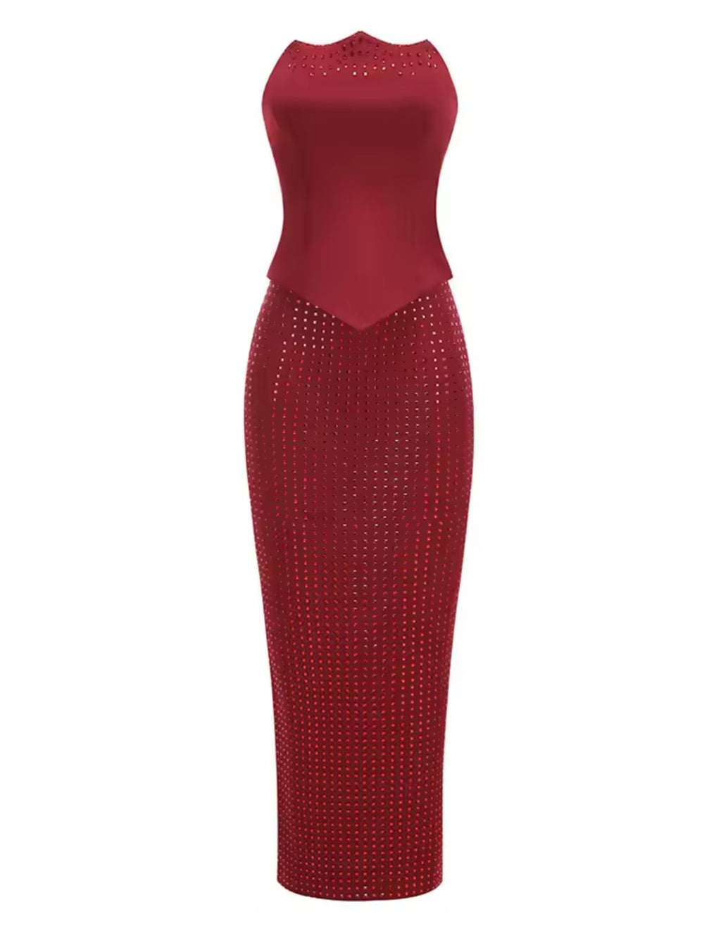 A&A Luxe Red Embellished Strapless Corset Sequin Maxi Skirt Set