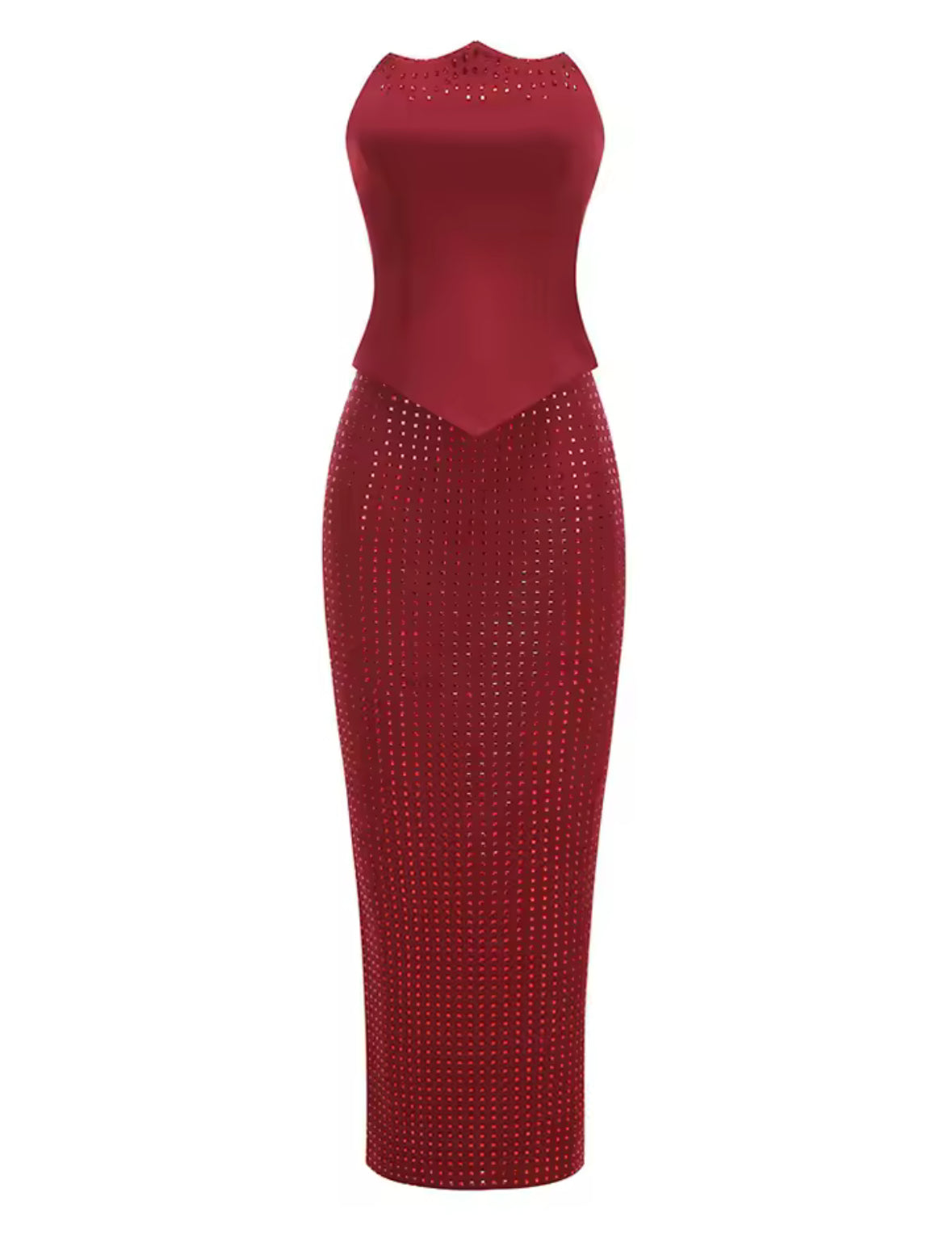 A&A Luxe Red Embellished Strapless Corset Sequin Maxi Skirt Set