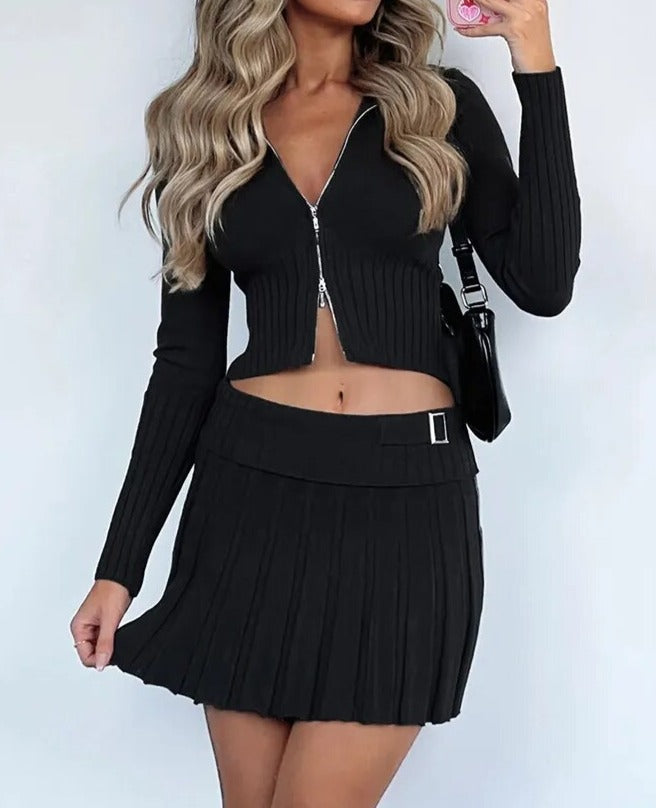 A&A Pleated Mini Skirt Knitted Two Piece Set