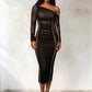 A&A One Shoulder Mesh Long Sleeve Ruched Midi Dress