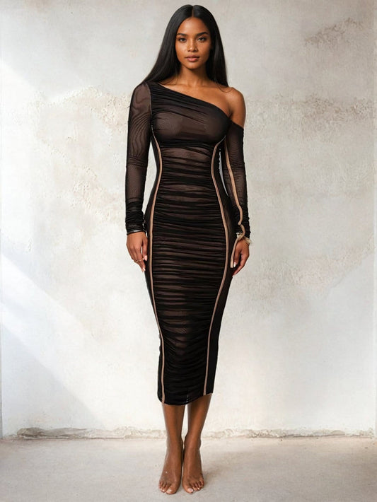 A&A One Shoulder Mesh Long Sleeve Ruched Midi Dress