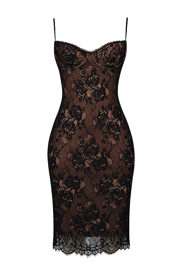 A&A Luxe Lace Print Spaghetti Strap Bodycon Midi Dress – ARIELLA & AYANA