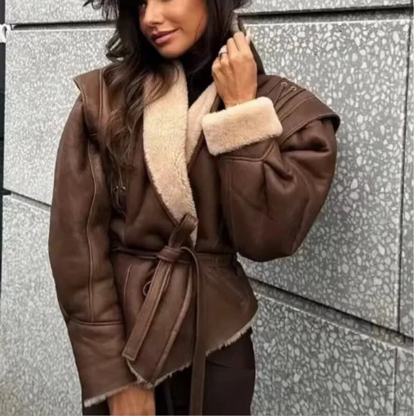 A&A Brown Shearling Lined Faux Leather Coat with Laced Up Shoulders