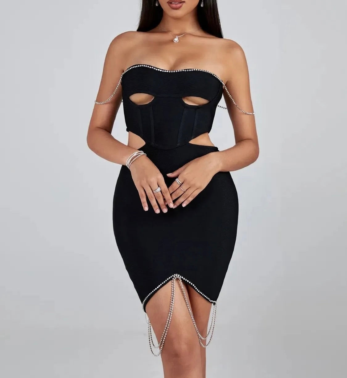 A&A Luxe Cut out Black Crystal Embellished Mini dress