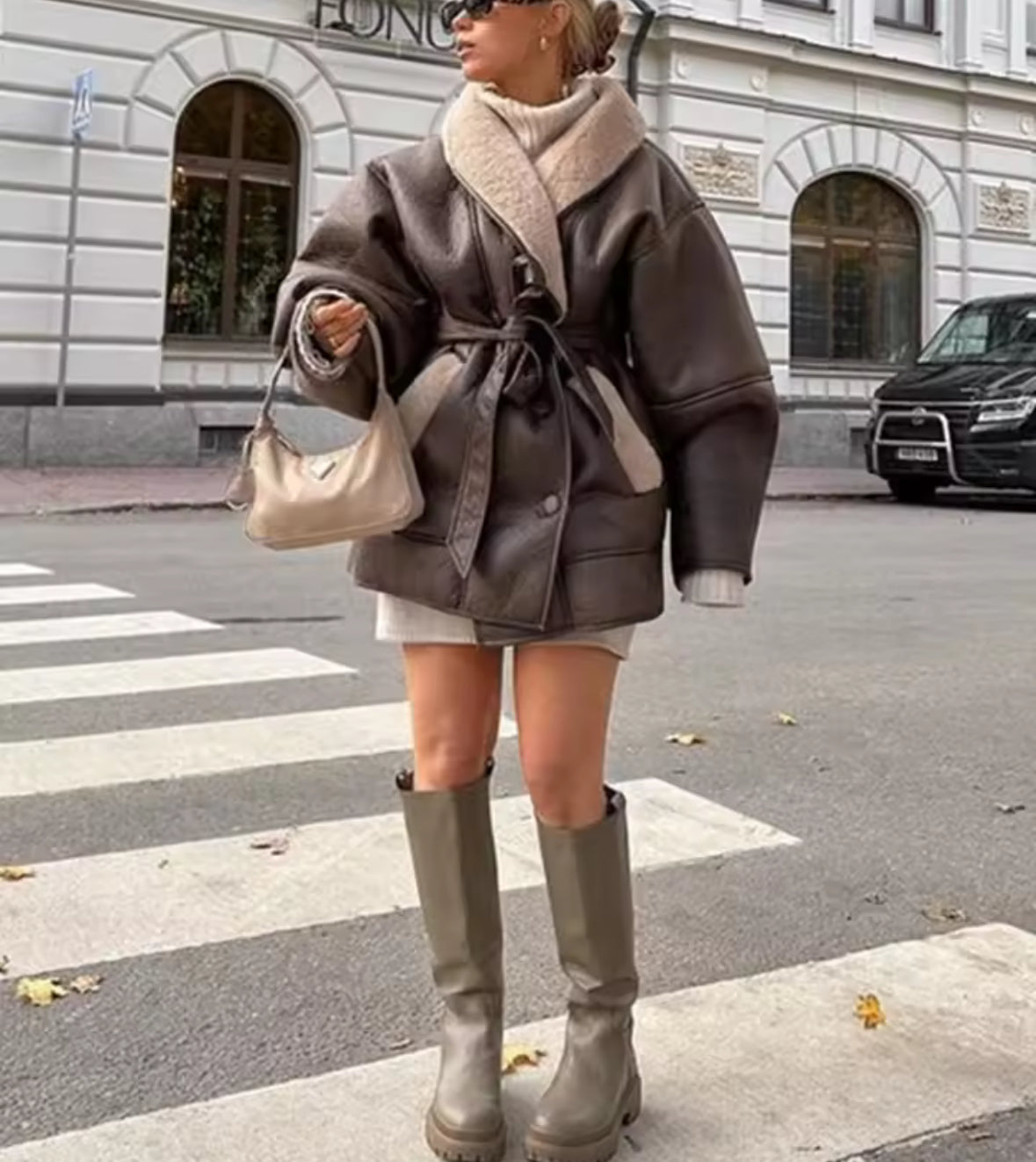 A&A Faux Leather Belted Shearling Coat