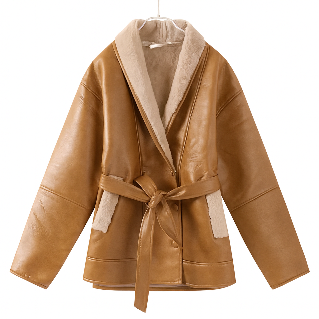 A&A Faux Leather Belted Shearling Coat