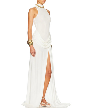 A&A Sleek High Neck Slit Evening Maxi Dress