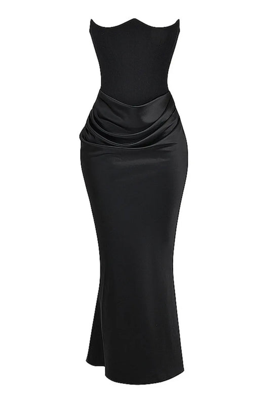 A&A Luxe Elegant Satin Strapless Draped Corset Maxi Dress
